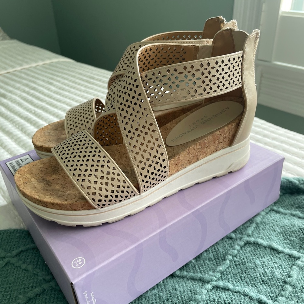 Adrienne Vittadini Sport Beige Perforated Cork Wedge Sandals